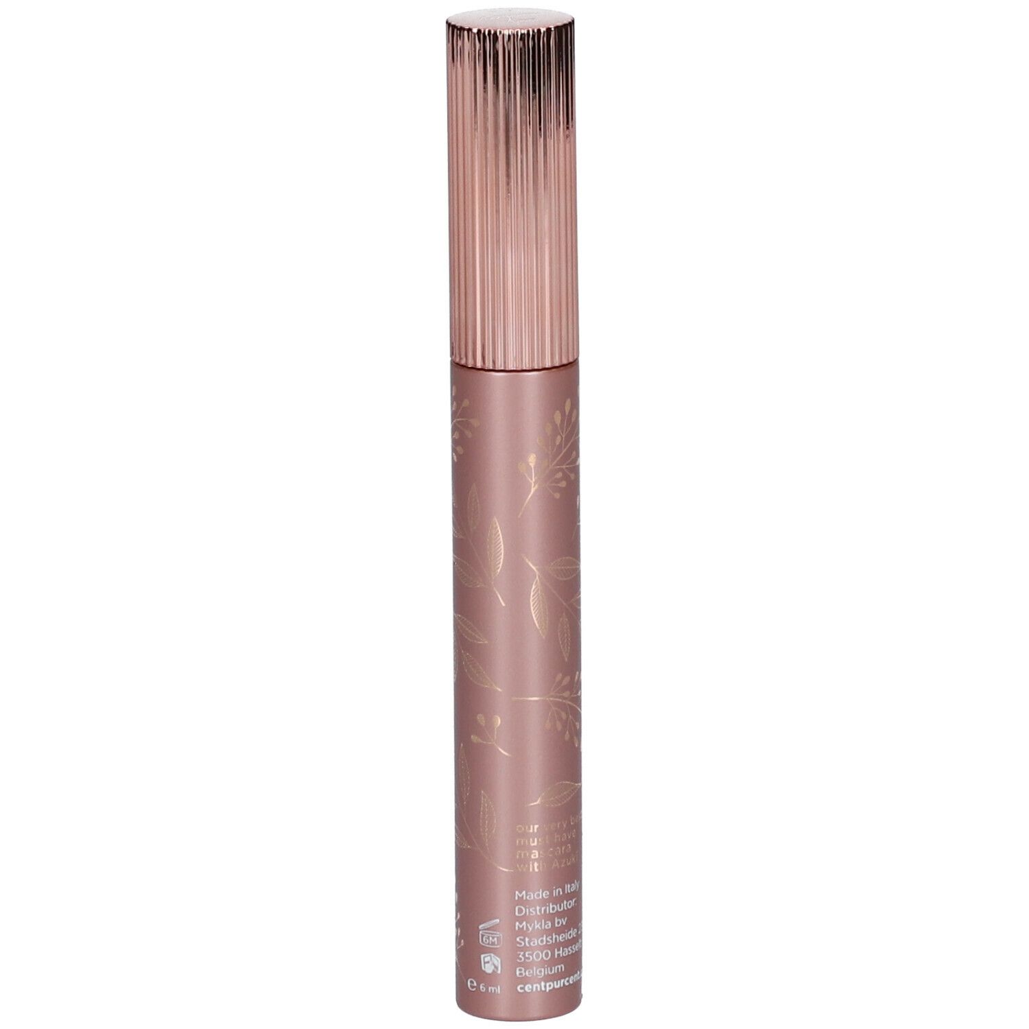 Tube de mascara rose avec bouchon cannelé. Inscription: CENT PUR CENT, L'ORIGINAL Mascara. Motifs floraux.