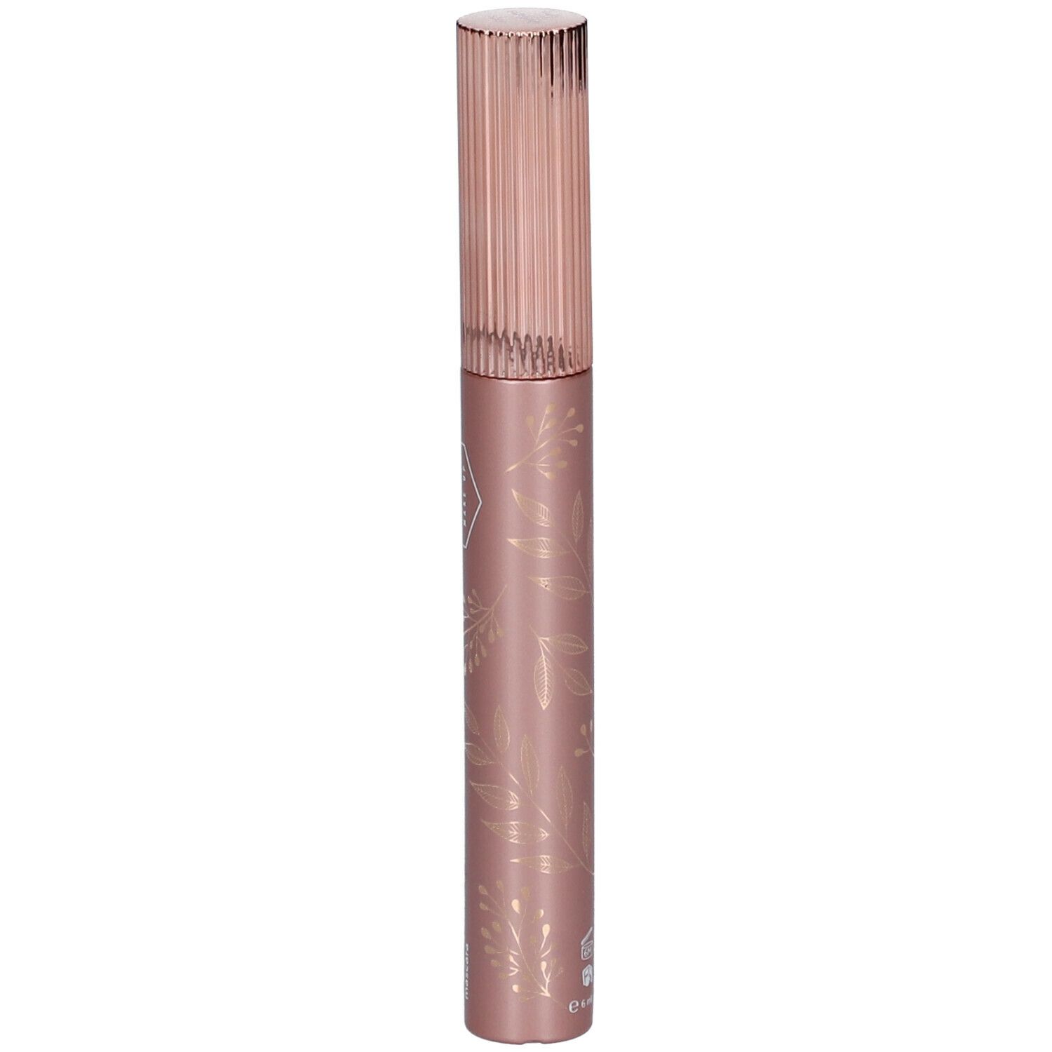 Tube de mascara rose avec bouchon cannelé. Inscription: CENT PUR CENT, L'ORIGINAL Mascara. Motifs floraux.