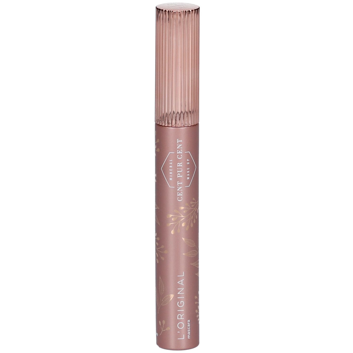 Tube de mascara rose avec bouchon cannelé. Inscription: CENT PUR CENT, L'ORIGINAL Mascara. Motifs floraux.