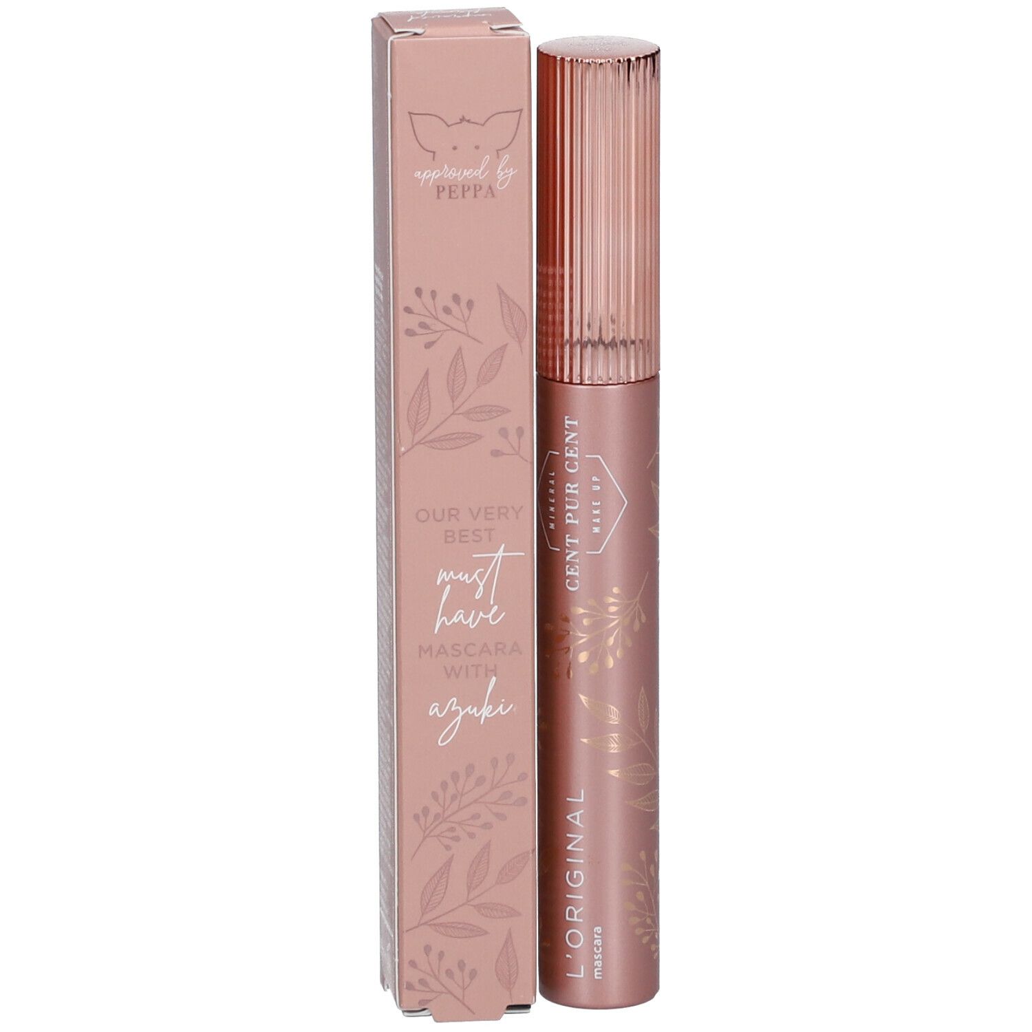 Tube de mascara à côté d'un emballage rose. Emballage avec inscription: OUR VERY BEST MUST HAVE MASCARA with azuki.