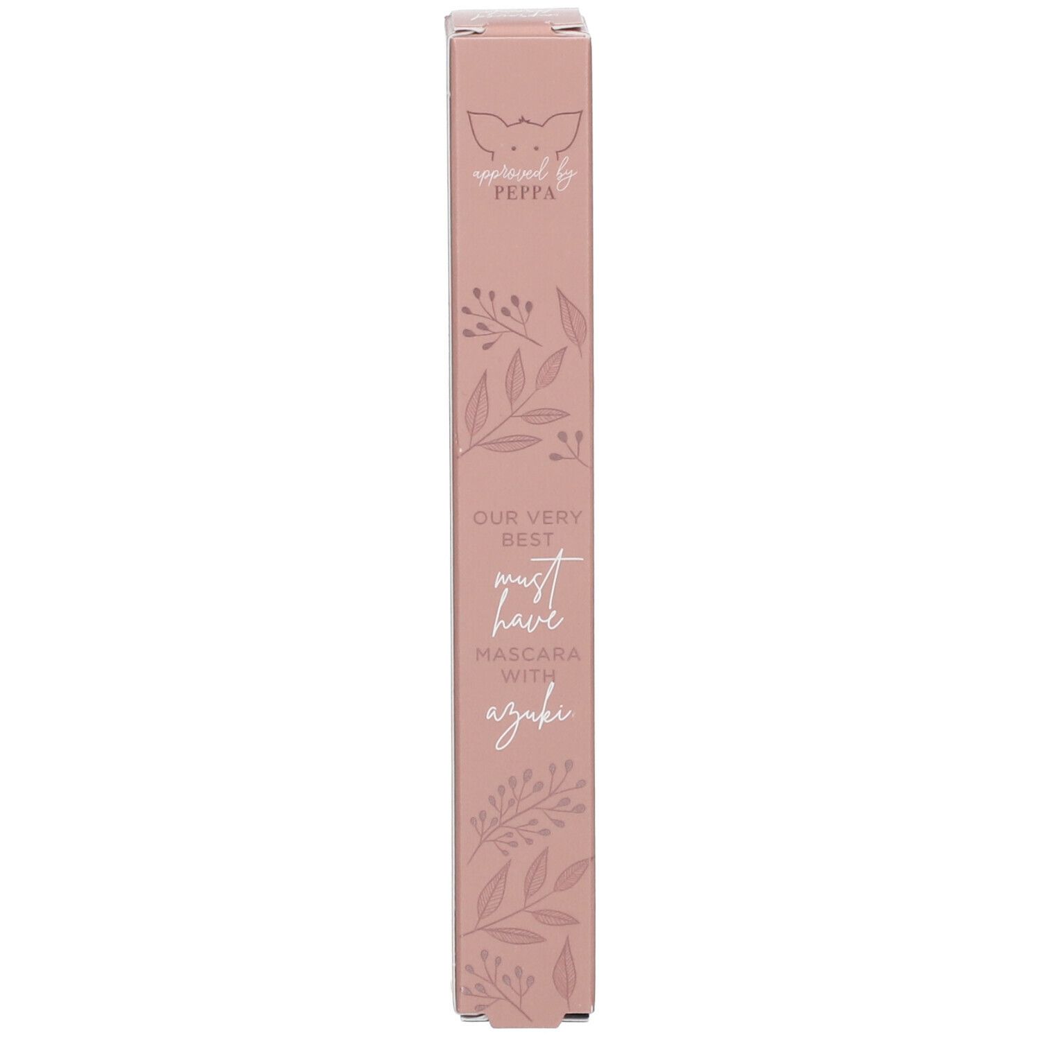Emballage rose avec inscription: OUR VERY BEST MUST HAVE MASCARA with azuki. Motifs floraux.