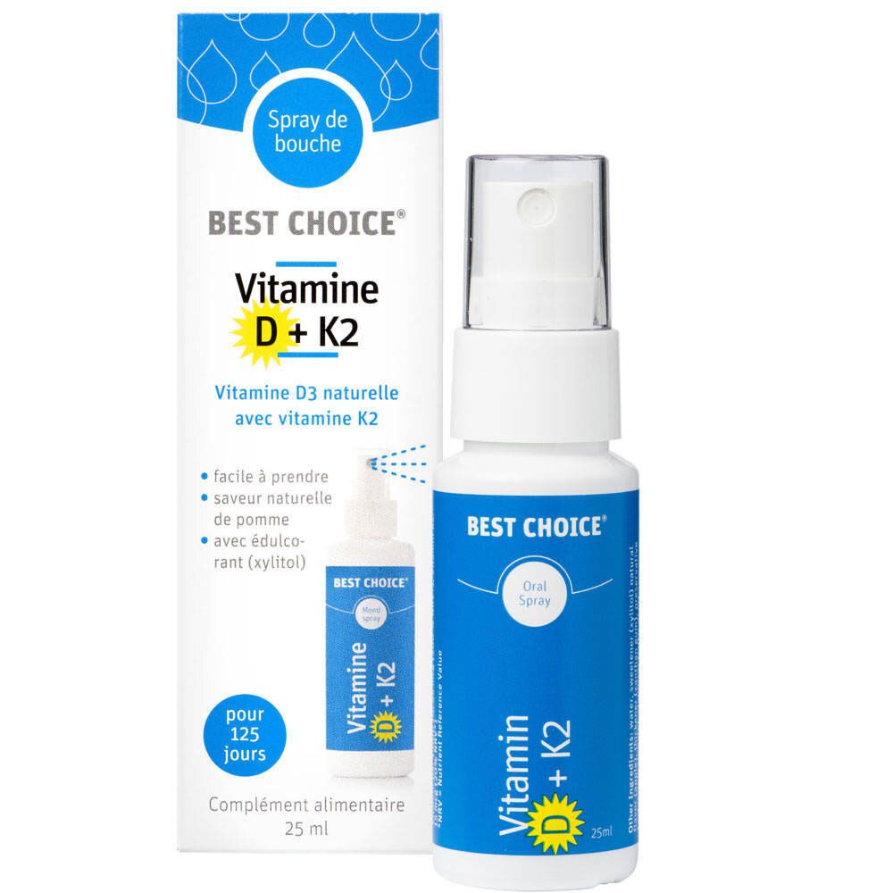 Spray Best Choice® Vitamine D3 + K2. Flacon blanc avec étiquette bleue et tête de pulvérisation. Inscription : Vitamine D + K2.
