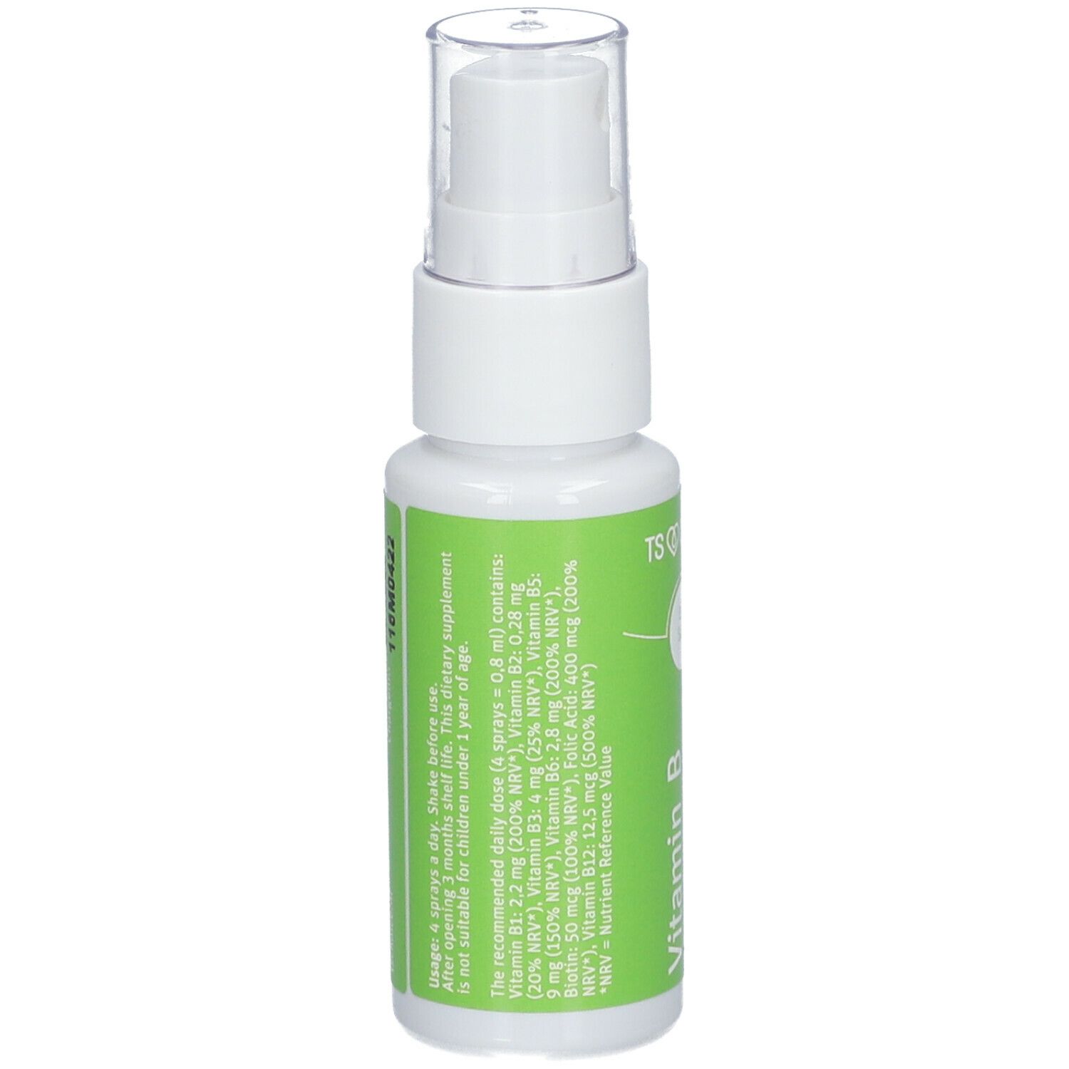 Spray de vitamine B-complexe. Flacon blanc avec étiquette verte. Contient des informations sur les ingrédients et le dosage.