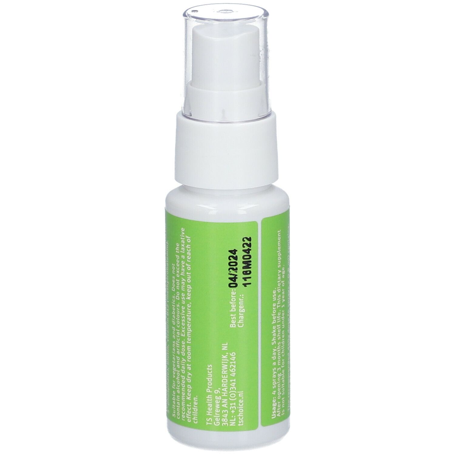 Spray de vitamine B-complexe. Flacon blanc avec étiquette verte. Affiche la date de péremption et le numéro de lot.