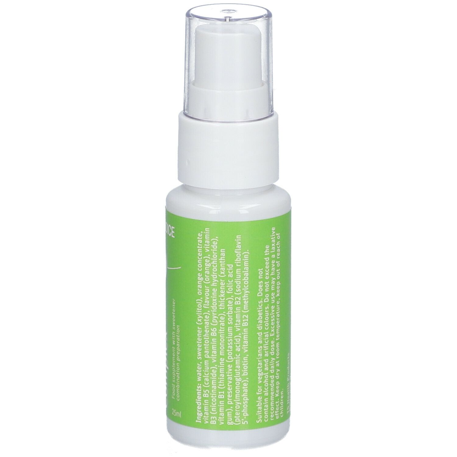 Spray de vitamine B-complexe. Flacon blanc avec étiquette verte. Contient des informations sur les ingrédients.