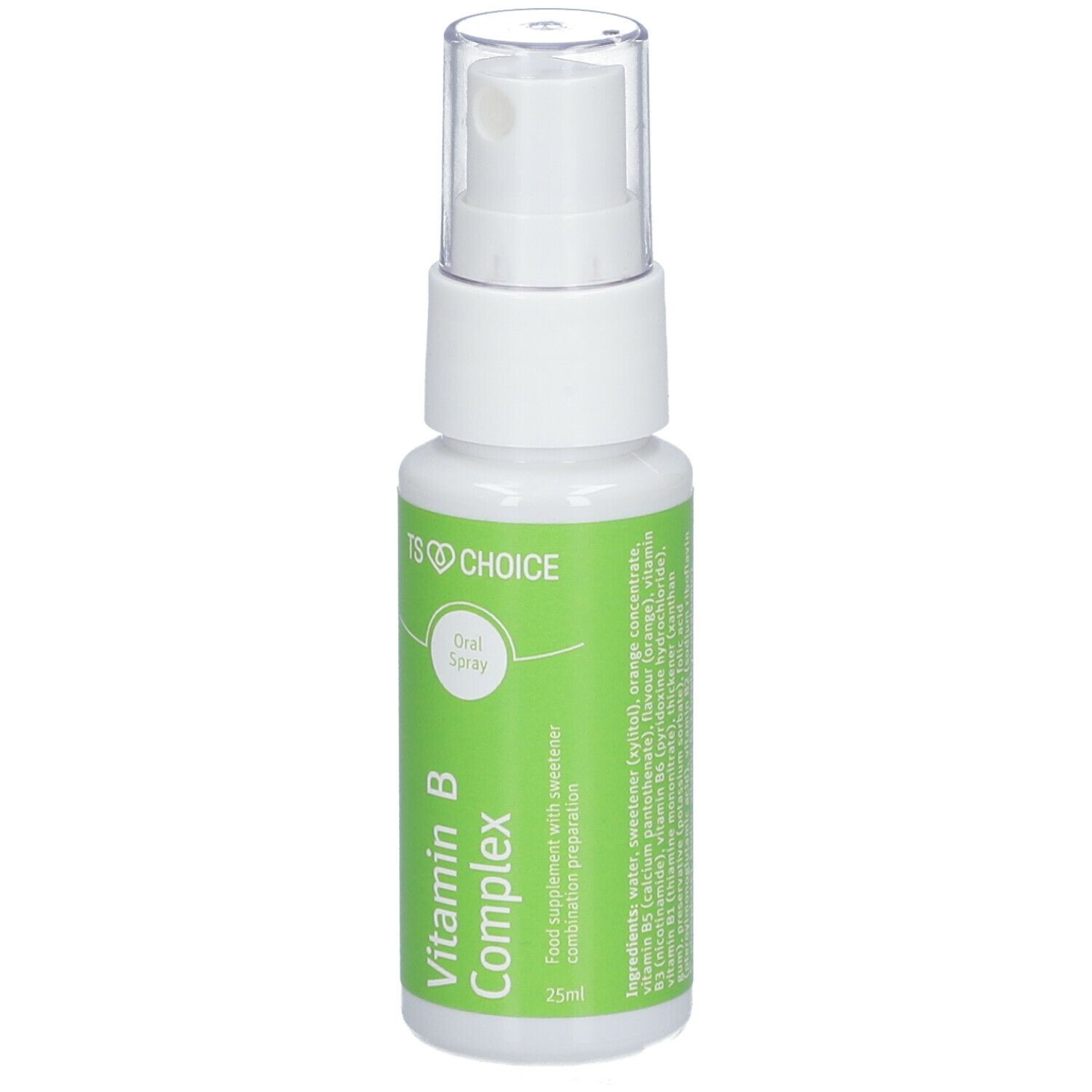 Spray de vitamine B-complexe. Flacon blanc avec étiquette verte. Contient le nom du produit et des informations.