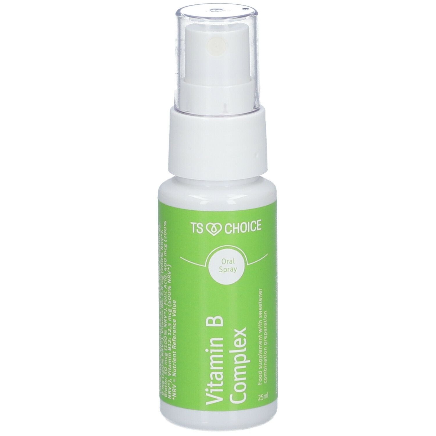 Spray de vitamine B-complexe. Flacon blanc avec étiquette verte. Affiche le nom du produit et des informations.