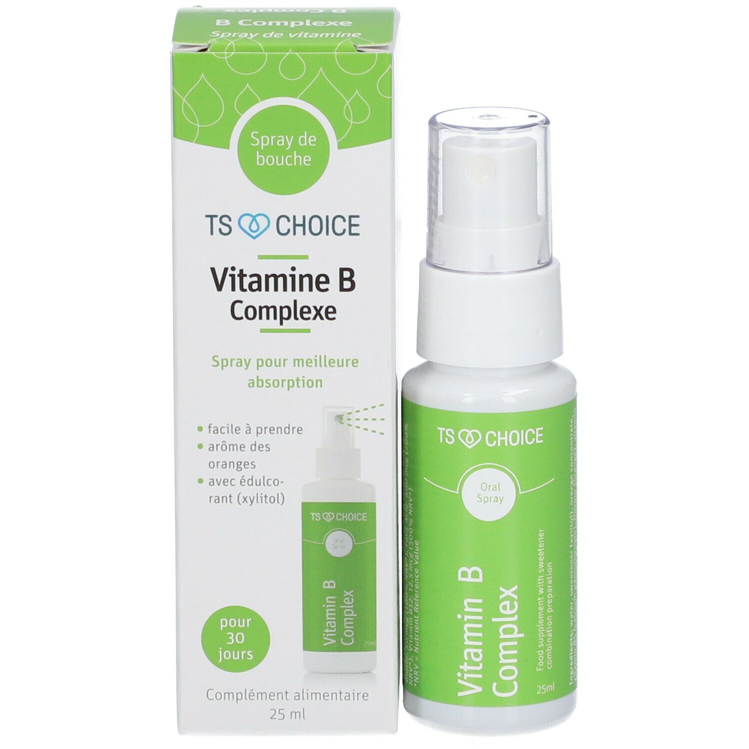 Spray de vitamine B-complexe et emballage. Flacon blanc et boîte verte. Contient le nom du produit et des informations.