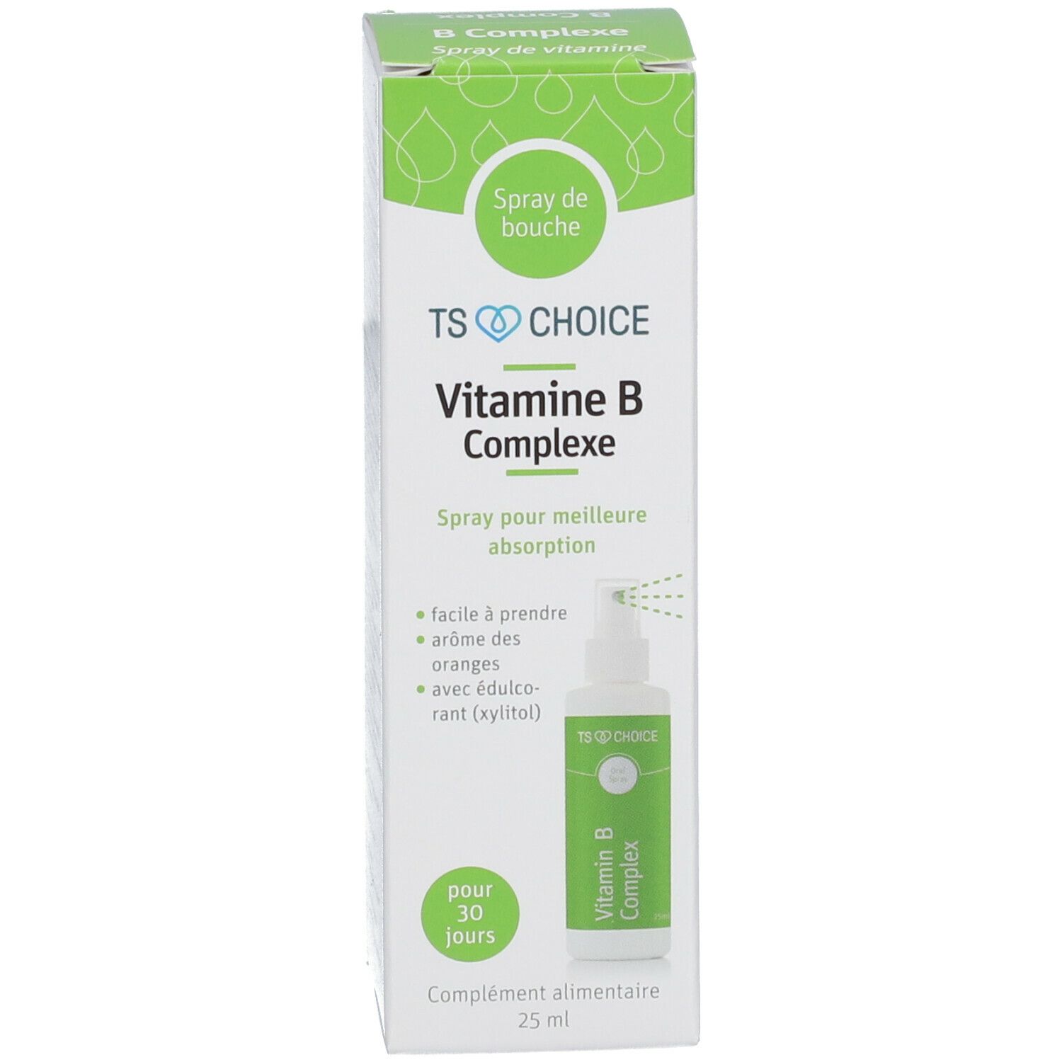 Spray de vitamine B-complexe et emballage. Boîte verte avec flacon blanc. Affiche le nom du produit et des informations.