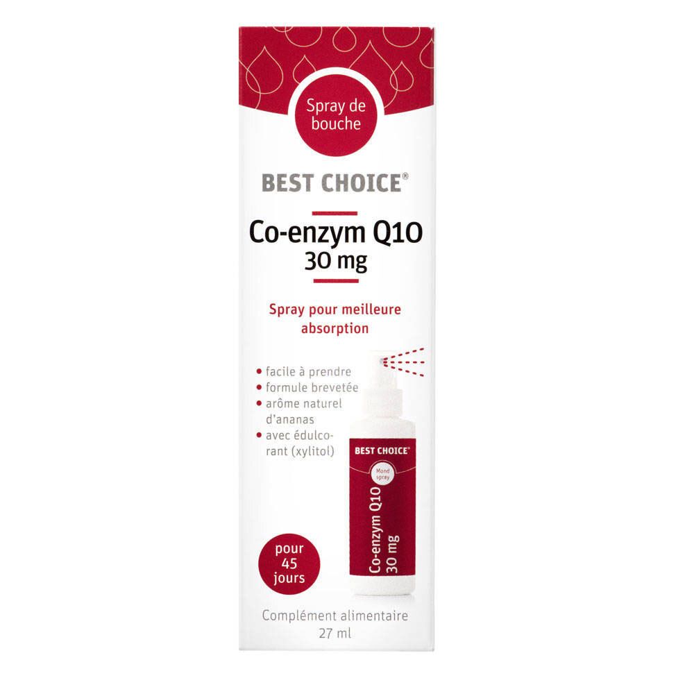 Spray buccal Best Choice® Co-Enzym Q10 30 mg. Flacon blanc, étiquette rouge. Contient 27 ml. Avec vaporisateur.