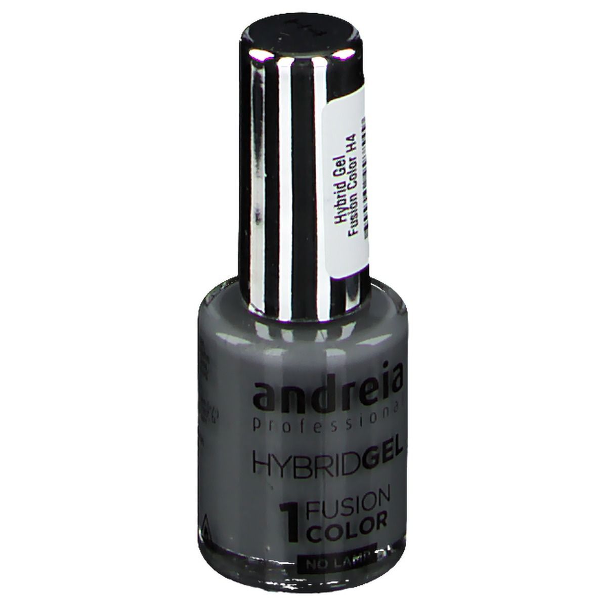 Flacon Andreia Hybridgel H4 gris foncé. Inscription: Hybridgel, 1 Fusion Color. Bouchon argenté, fermeture noire.