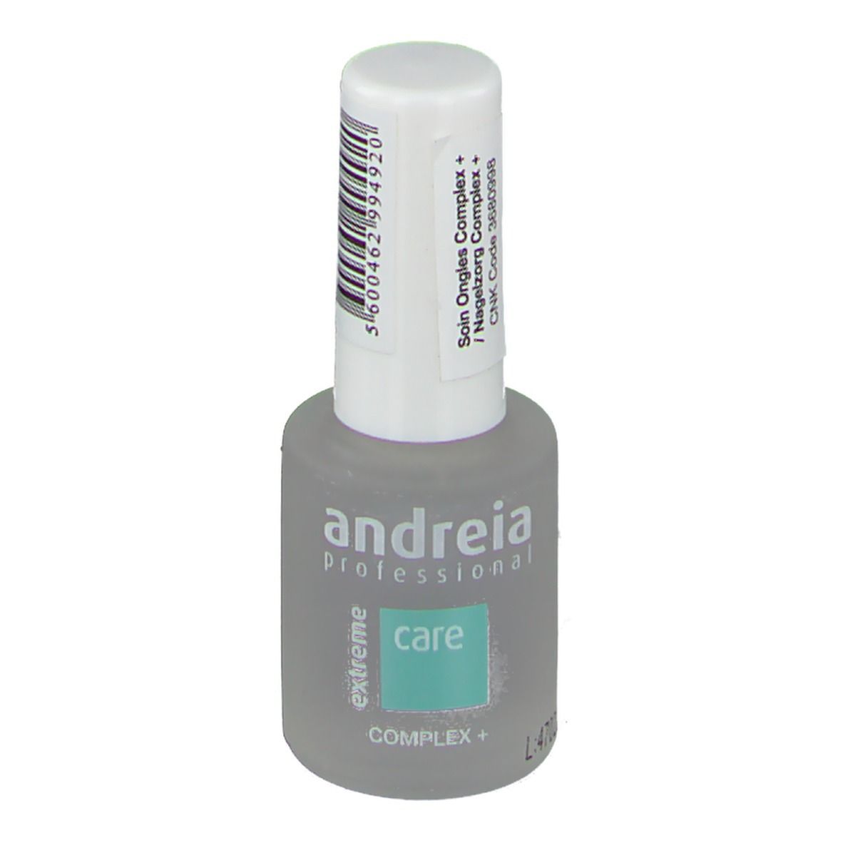 Flacon de soin des ongles avec bouchon blanc et code-barres. Inscription : Andreia Professional, care, Complex+.