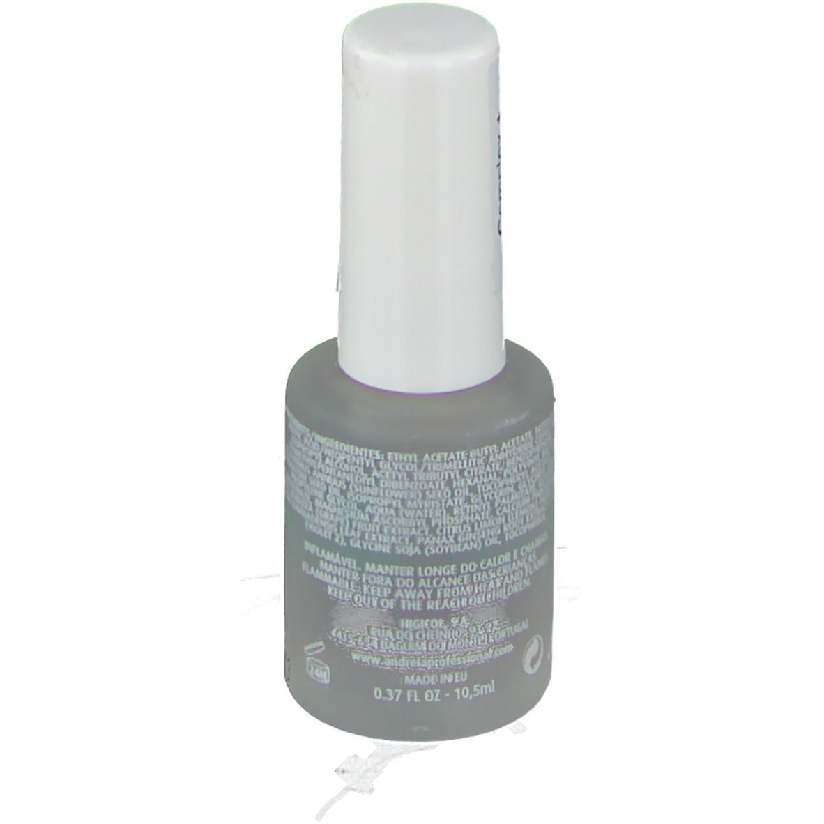 Flacon de soin des ongles, dos avec informations et indication de volume. Bouchon blanc. Inscription : Andreia Professional.