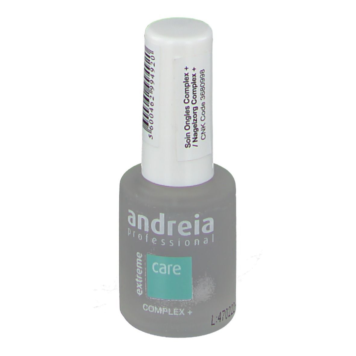 Flacon de soin des ongles avec bouchon blanc et code-barres. Inscription : Andreia Professional, care, Complex+.