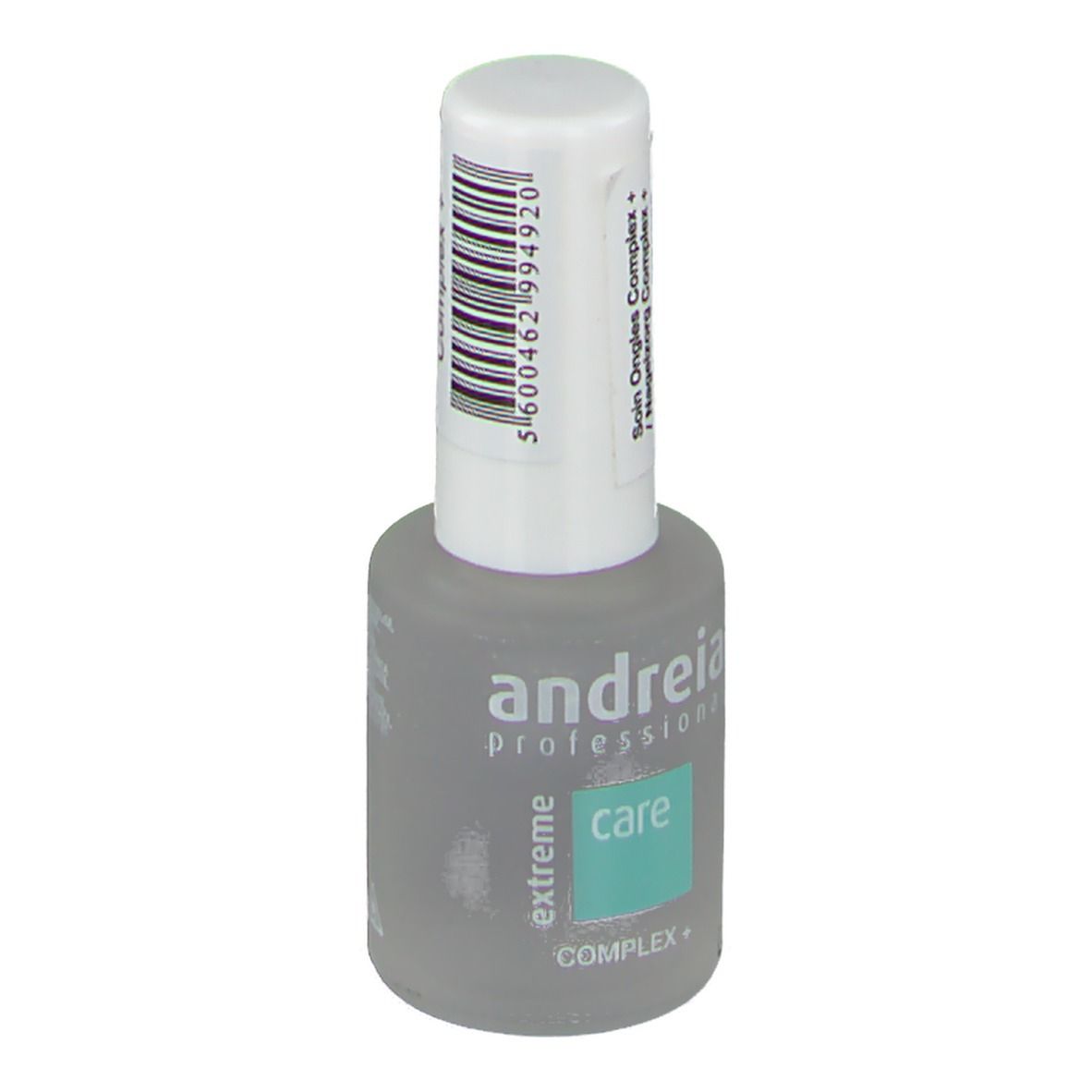 Flacon de soin des ongles avec bouchon blanc et code-barres. Inscription : Andreia Professional, care, Complex+.