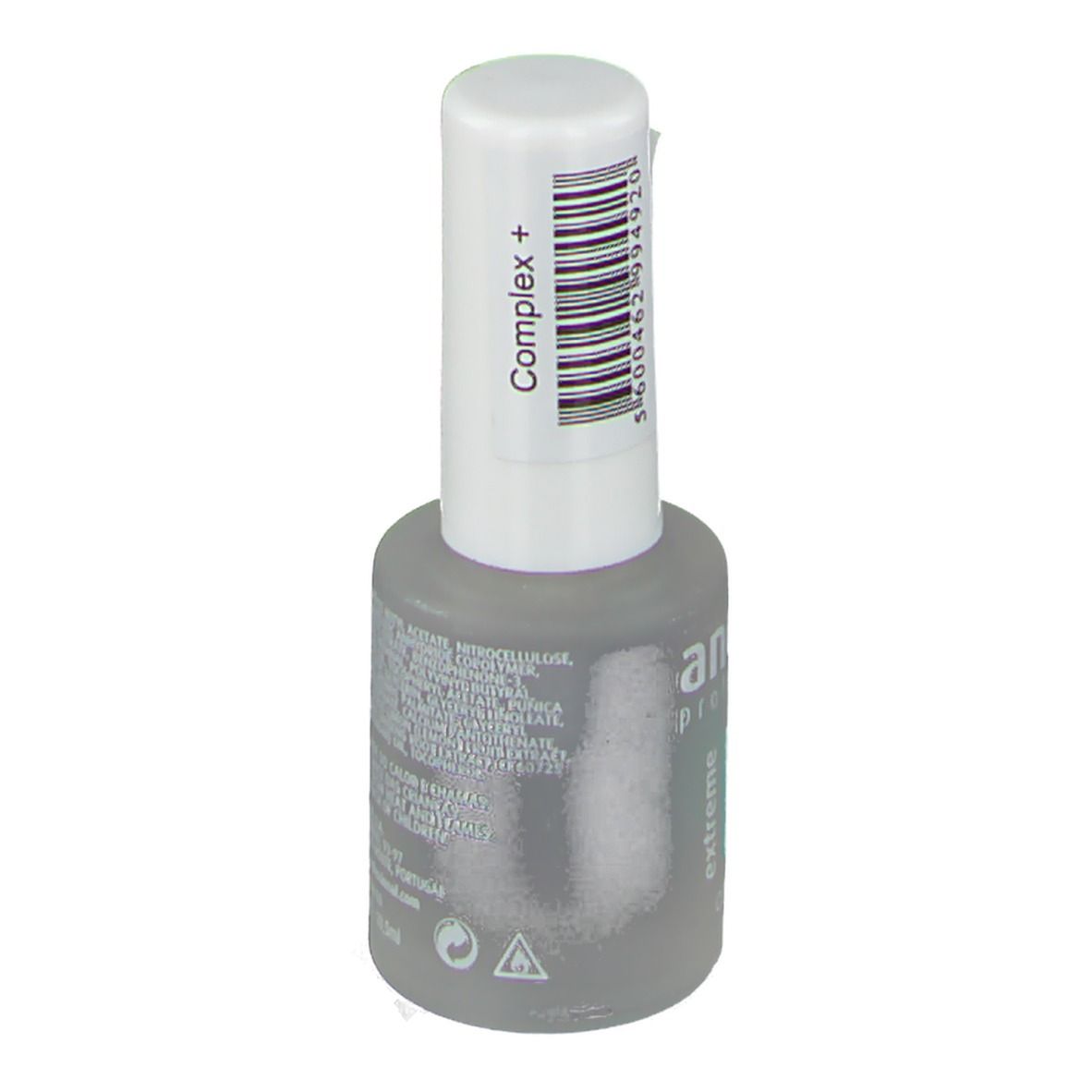 Flacon de soin des ongles avec bouchon blanc et code-barres. Inscription : Andreia Professional, extreme, Complex+.
