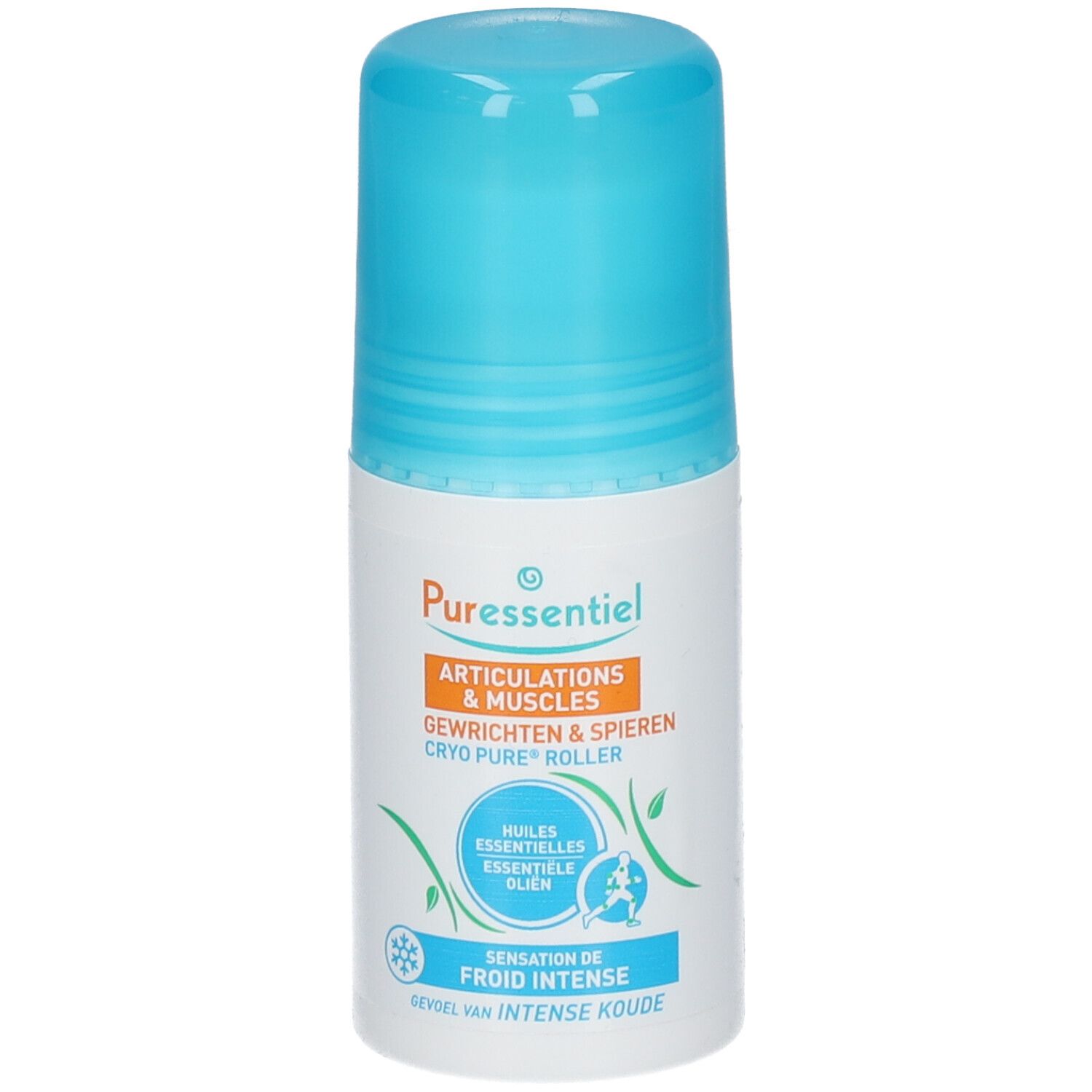 Roll-on blanc et bleu. Inscription: Puressentiel, Articulations & Muscles, Cryo Pure Roller. Avec applicateur à bille.