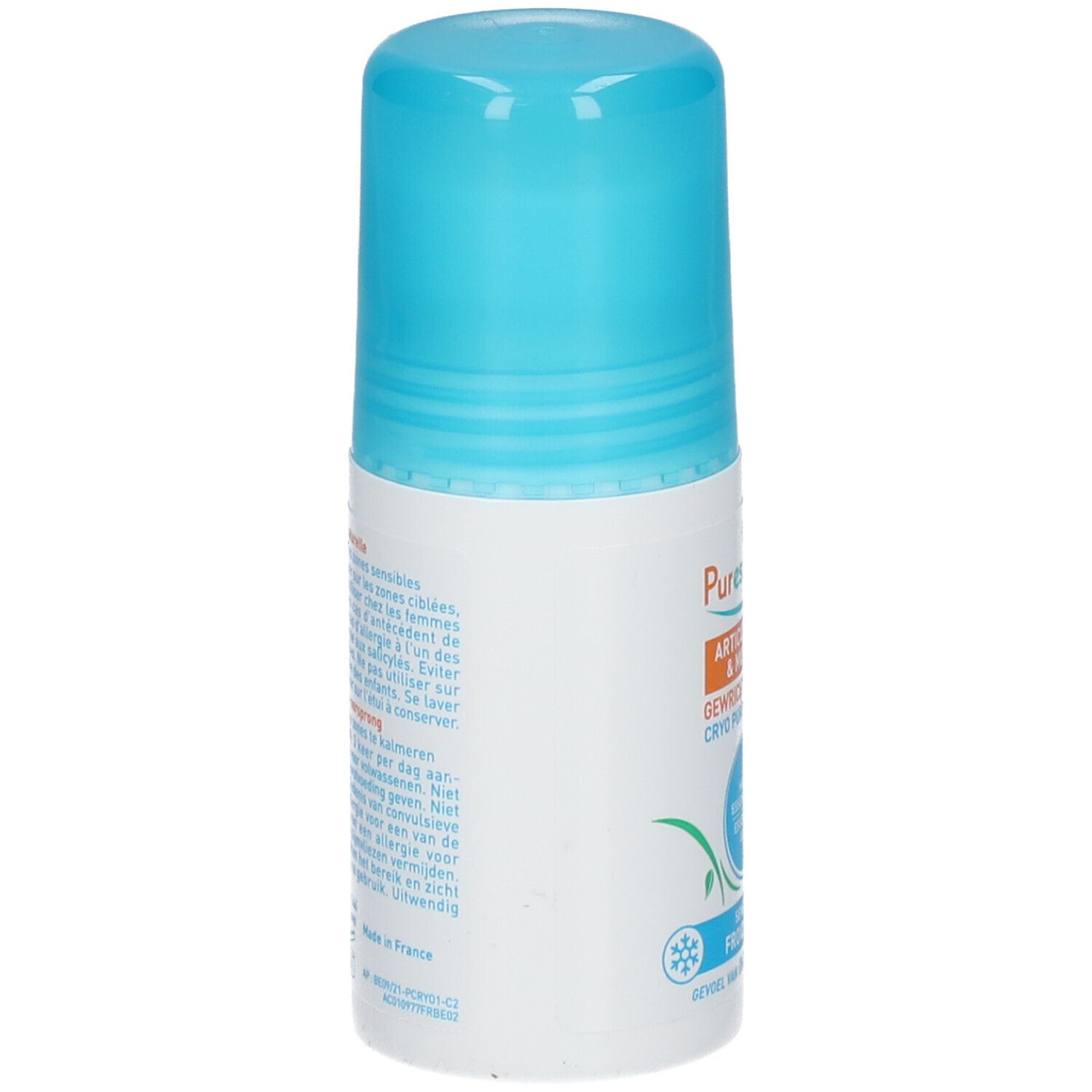 Roll-on blanc et bleu. Inscriptions et texte en plusieurs langues. Fabriqué en France.