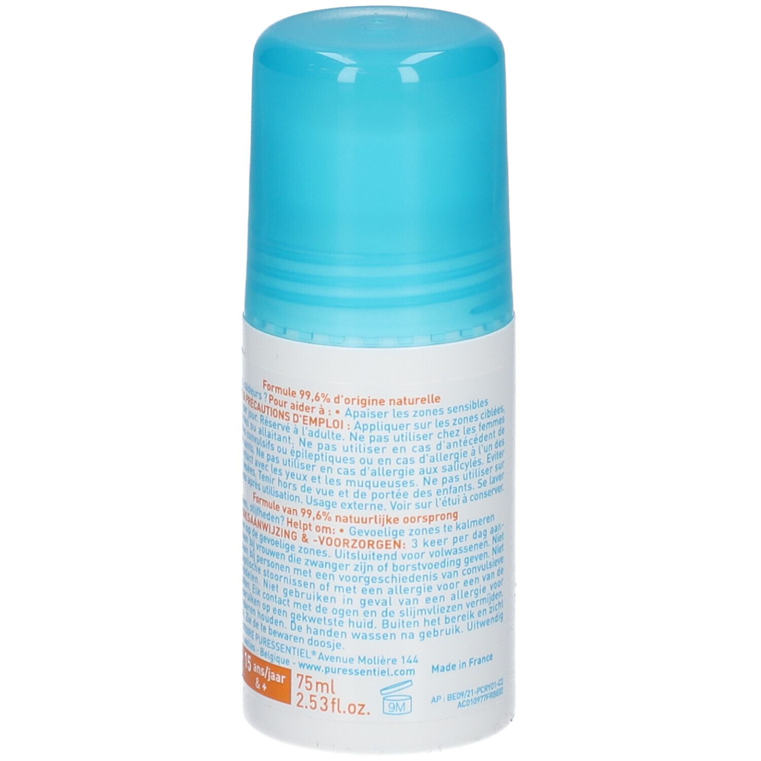 Roll-on blanc et bleu. Inscriptions et texte en plusieurs langues. Volume: 75ml.