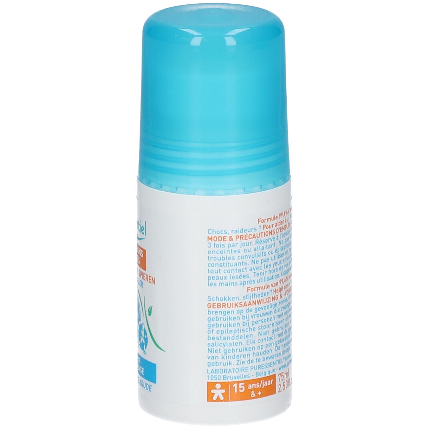 Roll-on blanc et bleu. Inscriptions et texte en plusieurs langues. À partir de 15 ans.