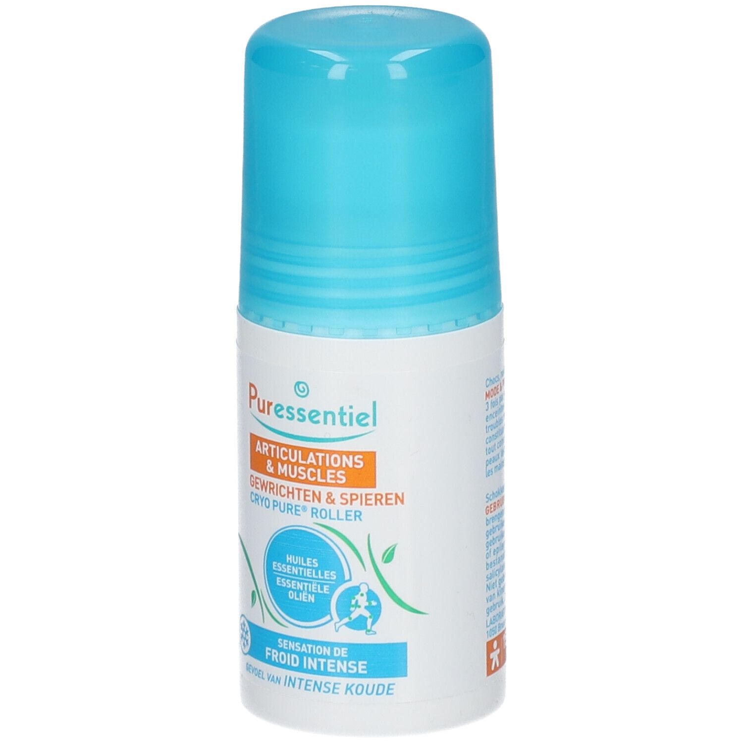 Roll-on blanc et bleu. Inscription: Puressentiel, Articulations & Muscles, Cryo Pure Roller. Avec applicateur à bille.