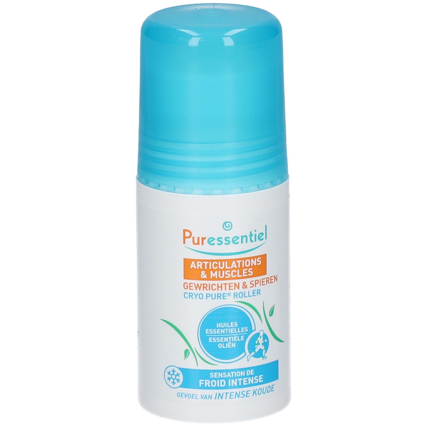 Roll-on blanc et bleu. Inscription: Puressentiel, Articulations & Muscles, Cryo Pure Roller. Avec applicateur à bille.