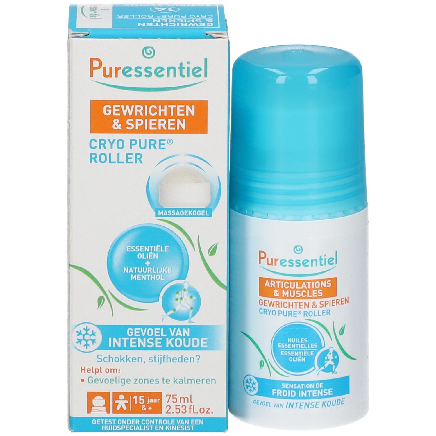 Emballage et roll-on. Inscription: Puressentiel, Articulations & Muscles, Cryo Pure Roller. Avec applicateur à bille.