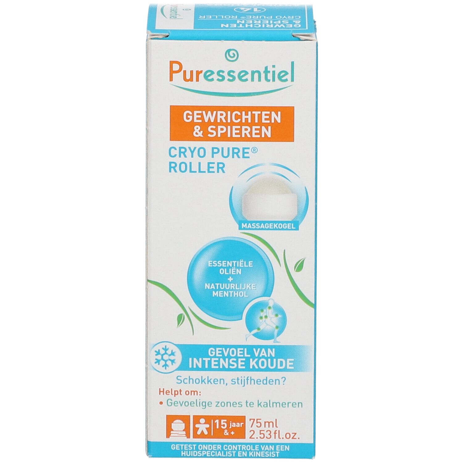 Emballage du produit. Inscription: Puressentiel, Articulations & Muscles, Cryo Pure Roller. Avec applicateur à bille.