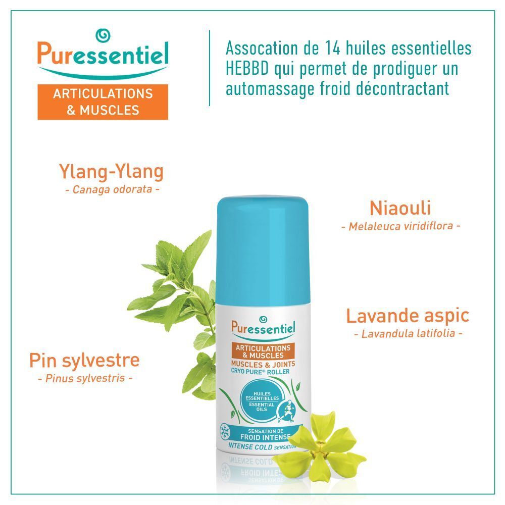 Vue latérale de l'emballage du roller Puressentiel avec ingrédients.
