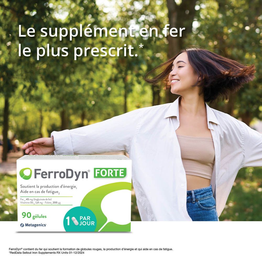 Femme tenant un paquet de "FerroDyn FORTE". Arrière-plan : arbres. Texte : "Le supplément en fer le plus prescrit."