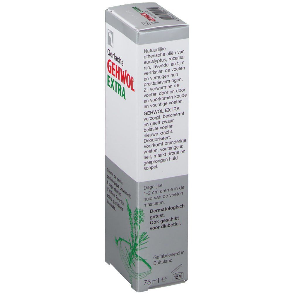 Emballage de crème GEHWOL EXTRA. Vue latérale avec informations et texte en néerlandais. 75 ml.