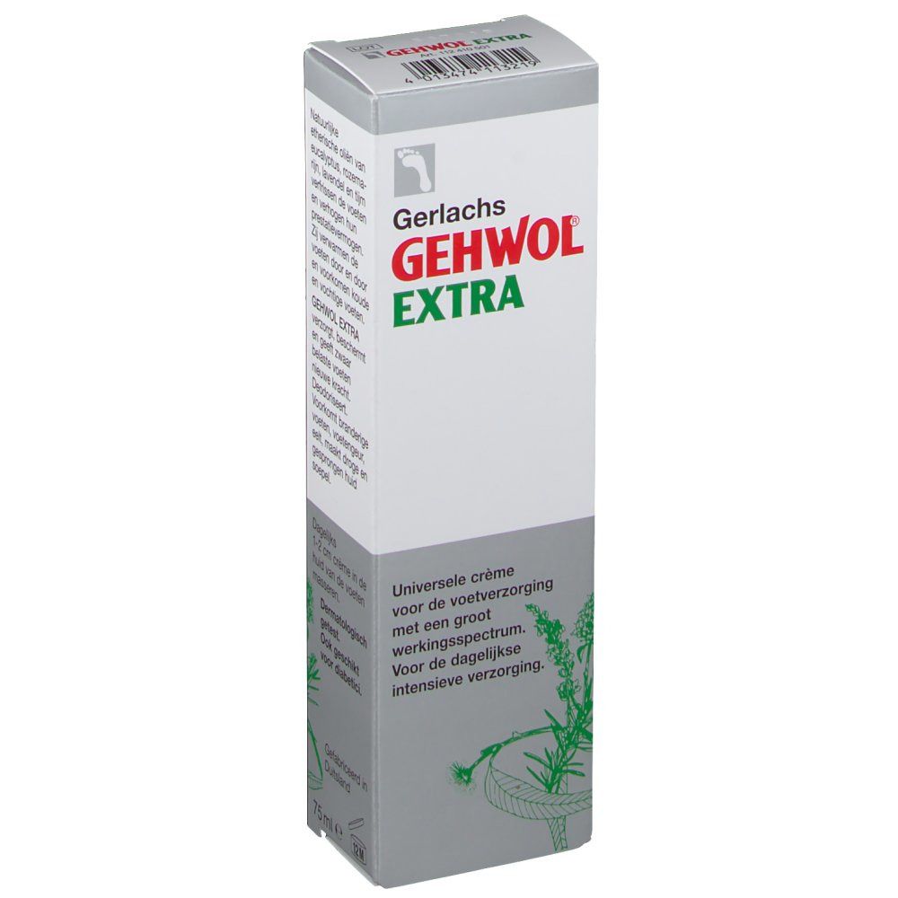 Emballage de crème GEHWOL EXTRA. Boîte blanche avec nom et logo du produit. Texte en néerlandais.