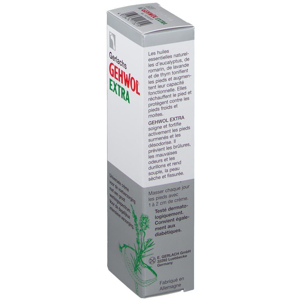 Emballage de crème GEHWOL EXTRA. Vue latérale avec informations et texte en allemand. Fabriqué en Allemagne.