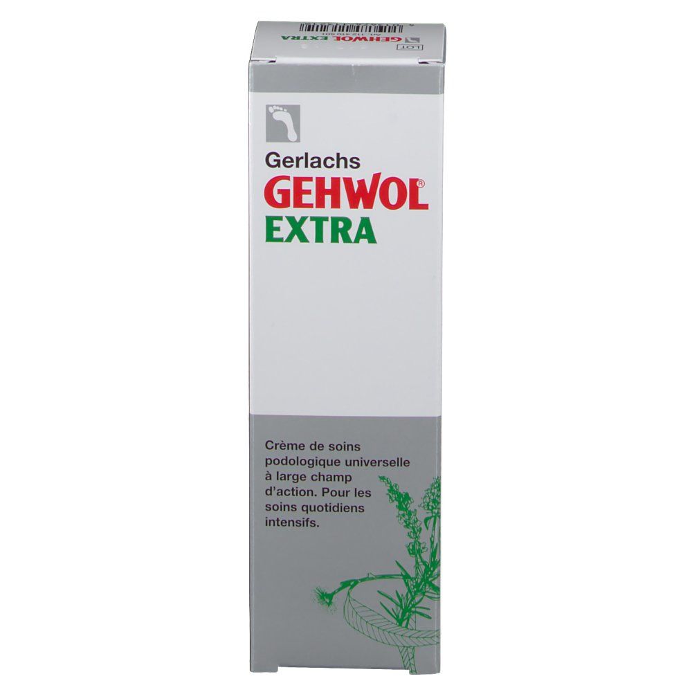 Emballage de crème GEHWOL EXTRA. Boîte blanche avec nom et logo du produit. Texte en allemand et français.