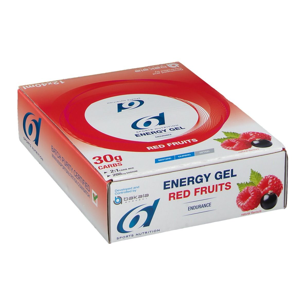 Boîte avec cercle rouge et texte 'Energy Gel Red Fruits'. Framboises et cassis illustrés. 'Batch Purity Certified'.