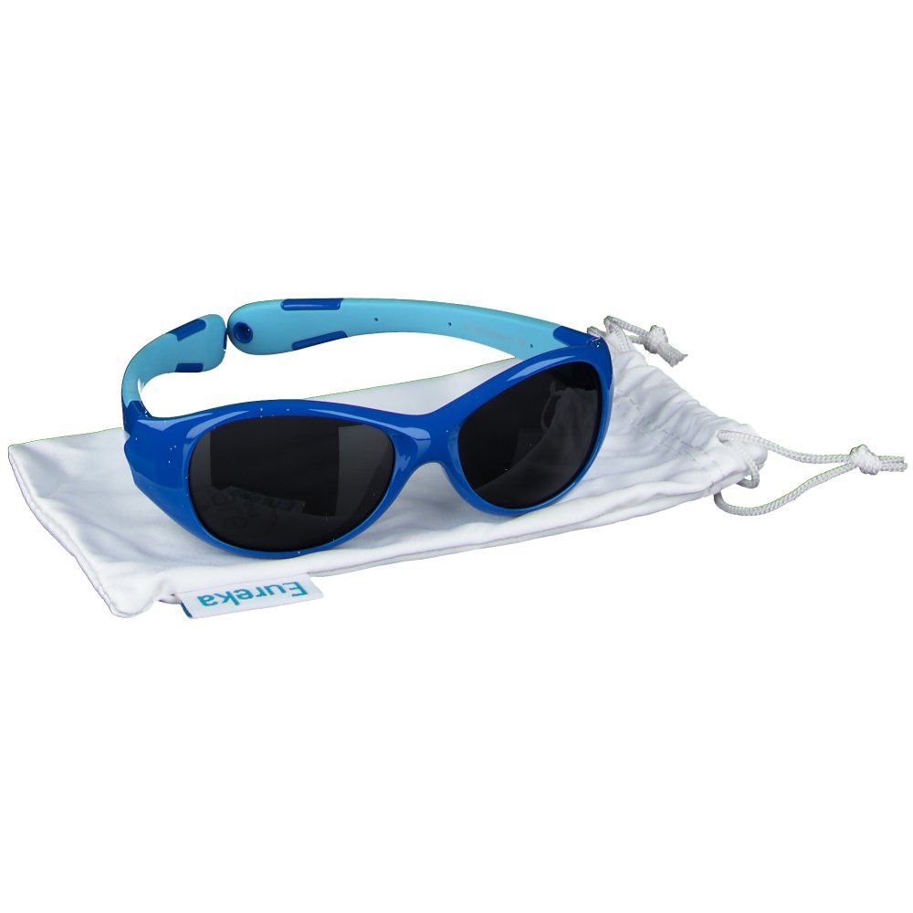 Lunettes de soleil bleues pour enfants, branches bleu clair, sur pochette blanche. Marque Eureka.