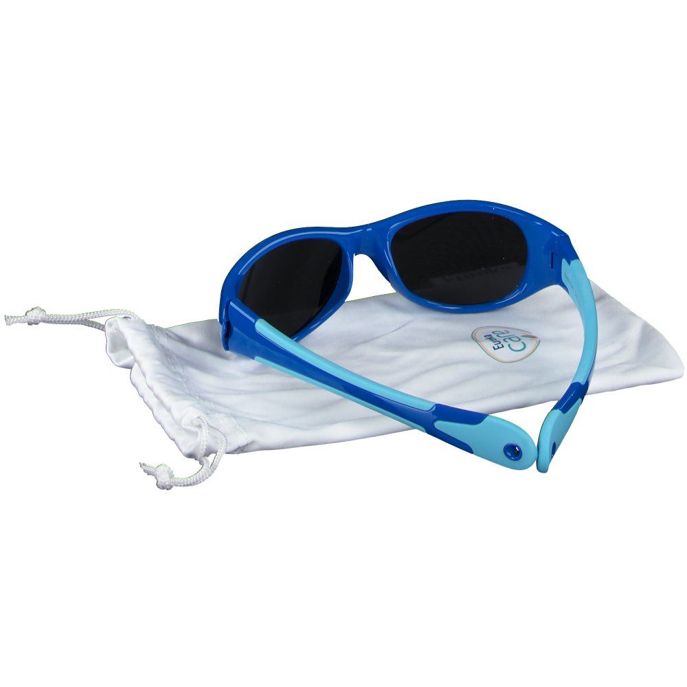 Lunettes de soleil bleues pour enfants, branches bleu clair, sur pochette blanche. Marque Eureka.