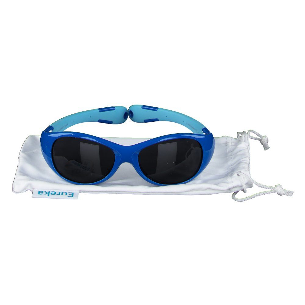 Lunettes de soleil bleues pour enfants, branches bleu clair, sur pochette blanche. Marque Eureka.