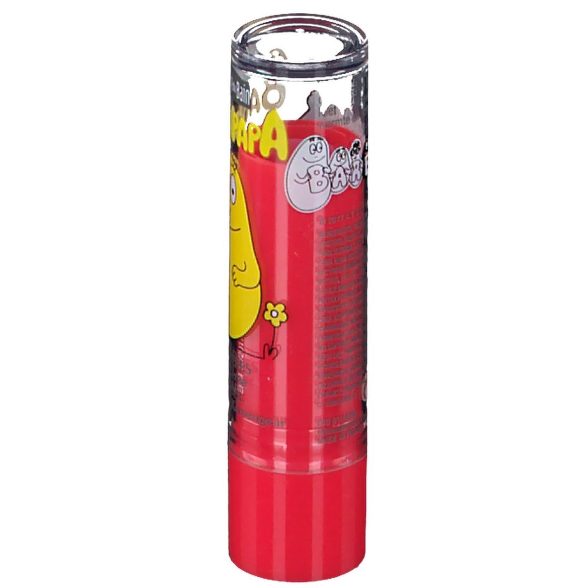 Stick à lèvres rouge avec couvercle transparent. Des personnages Barbapapa sont représentés sur l'étui.
