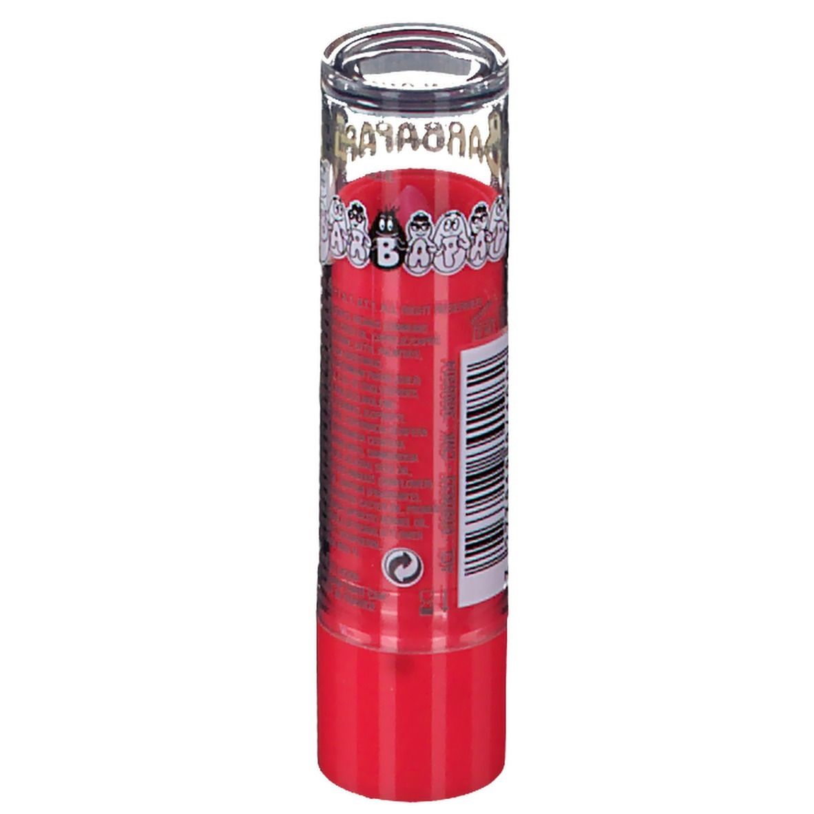 Stick à lèvres rouge avec couvercle transparent. Un code-barres et du texte sont présents sur l'étui.