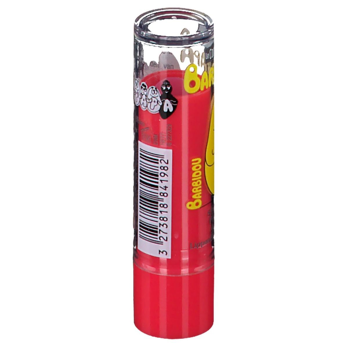 Stick à lèvres rouge avec couvercle transparent. Des personnages Barbapapa sont représentés sur l'étui.