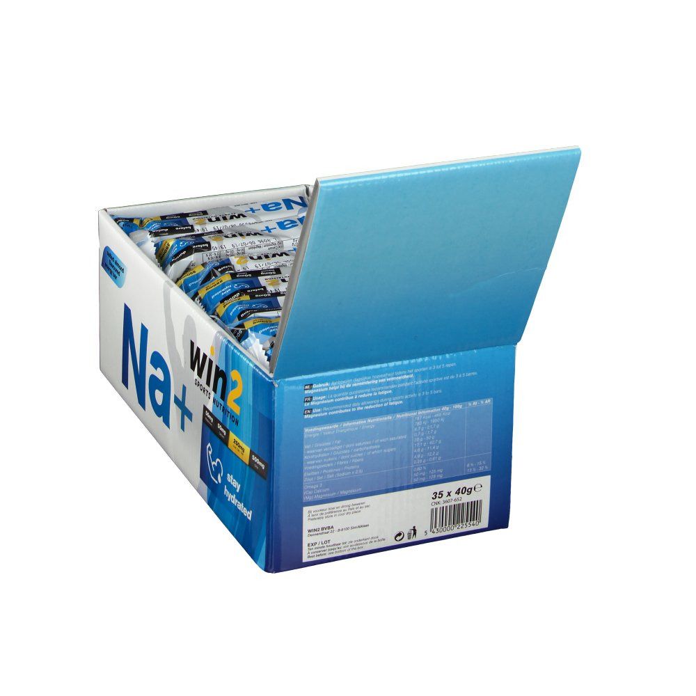 Barres énergétiques Na+ win2 dans une boîte ouverte. Emballage bleu avec logo et texte. 35 barres visibles.