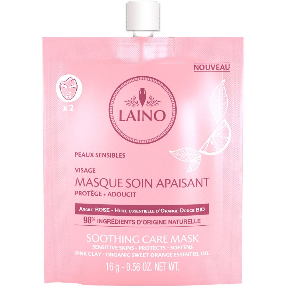 Sachet rose LIANO. Texte: Peaux sensibles, Masque soin apaisant, 98% ingrédients d'origine naturelle. Bouchon blanc.
