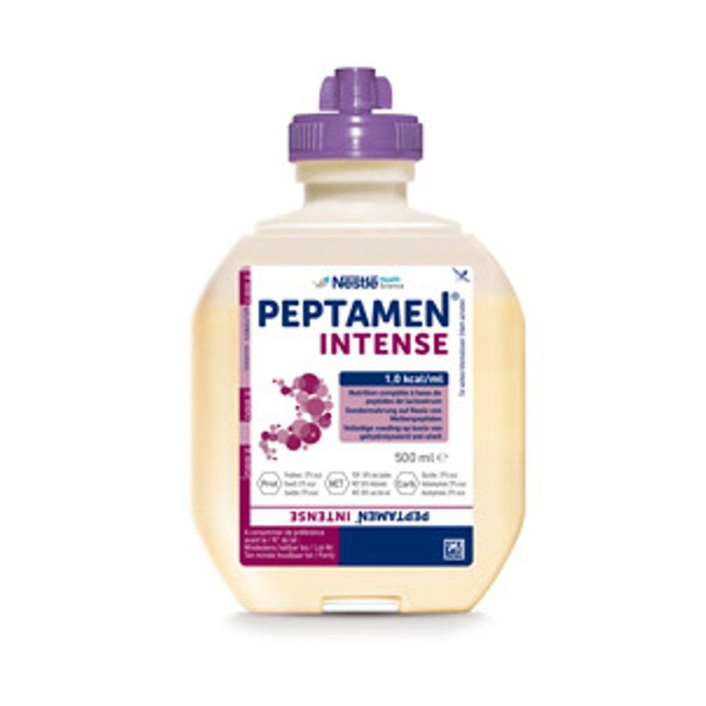 Bouteille beige avec bouchon violet. Inscription: Peptamen Intense. Contient 500 ml. Avec logo Nestlé Health Science.