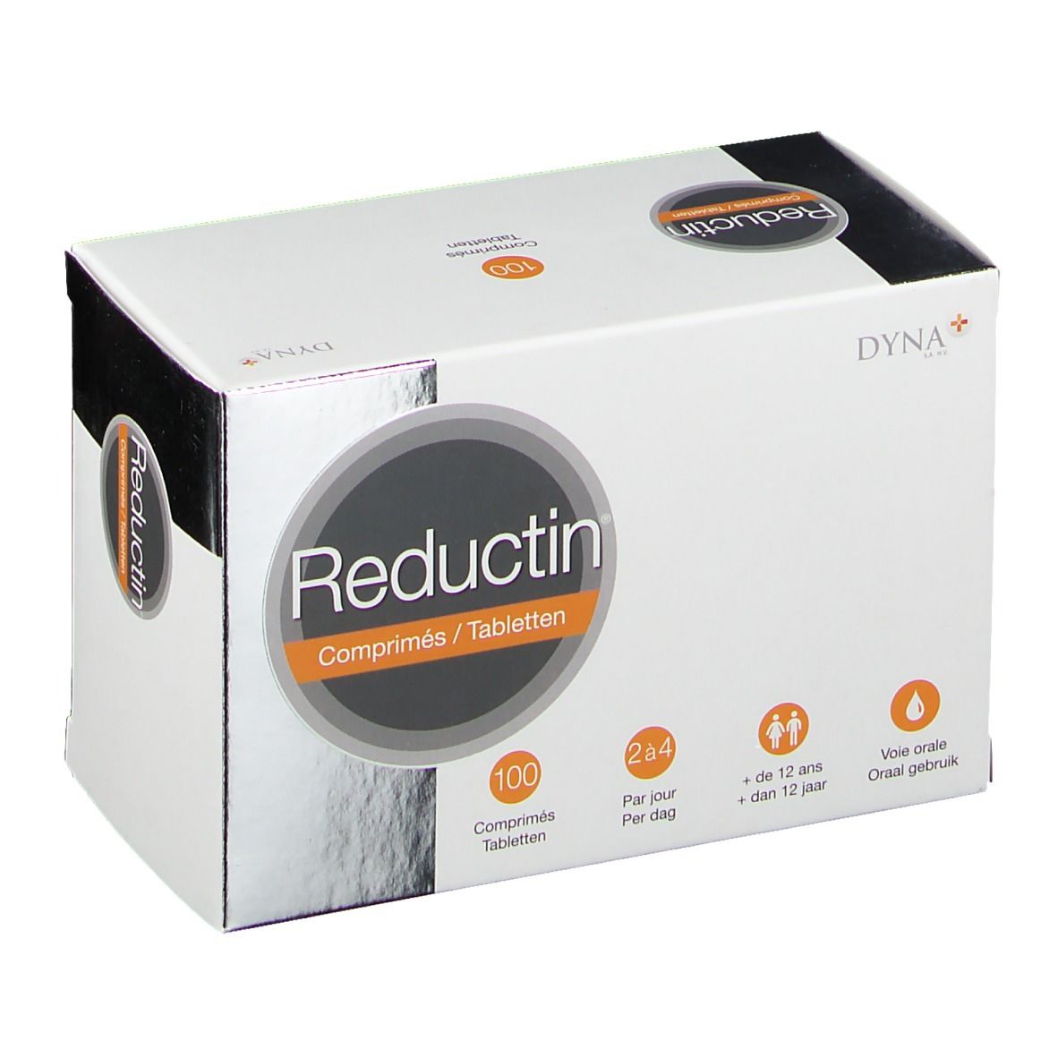 Boîte blanche "Reductin" avec 100 comprimés. Cercle orange avec nom du produit. Logos et texte multilingues.