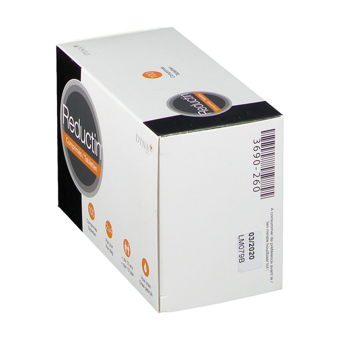 Boîte blanche "Reductin". Dos avec code-barres et numéro de lot. Texte multilingue.