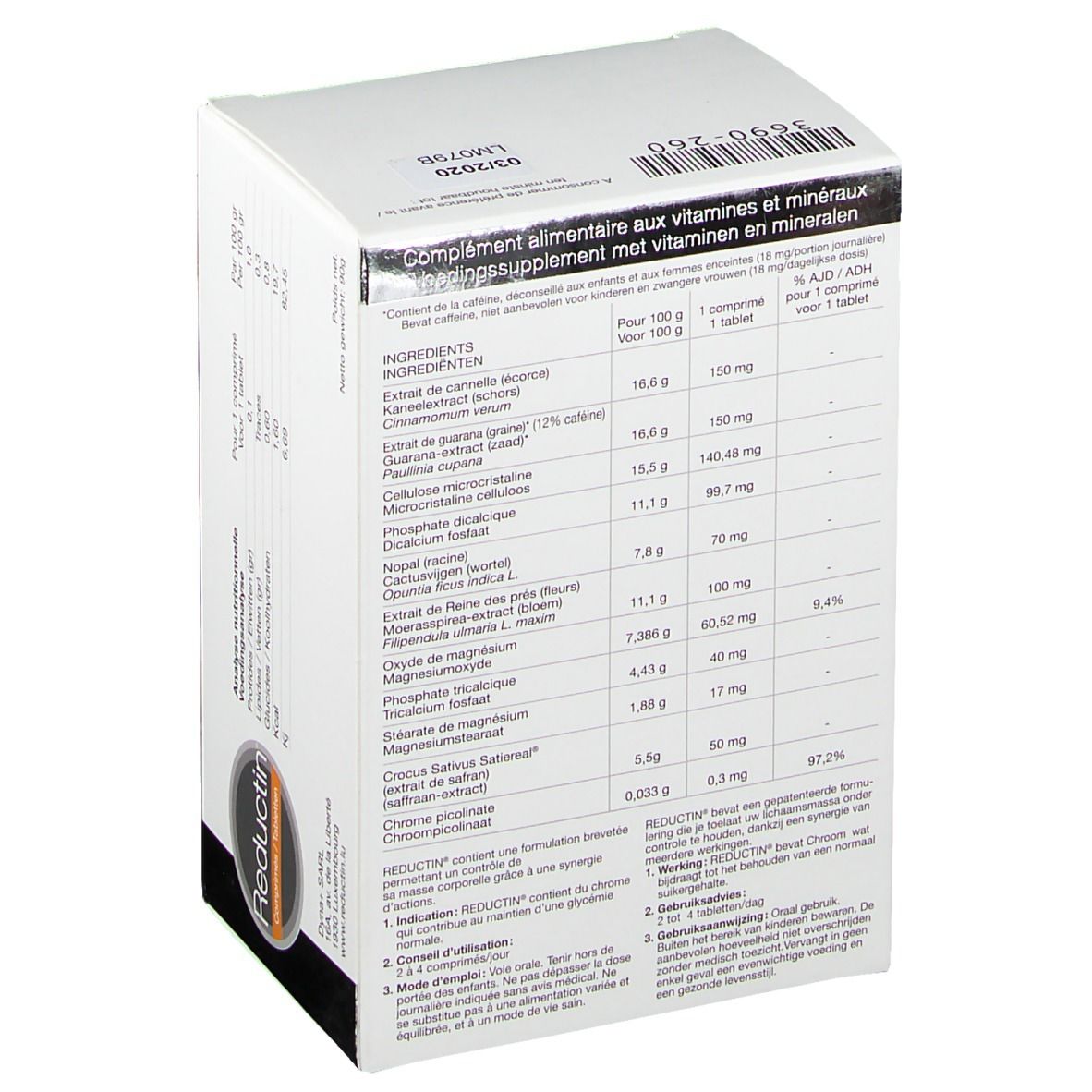 Dos de la boîte avec ingrédients et informations nutritionnelles. Texte multilingue.