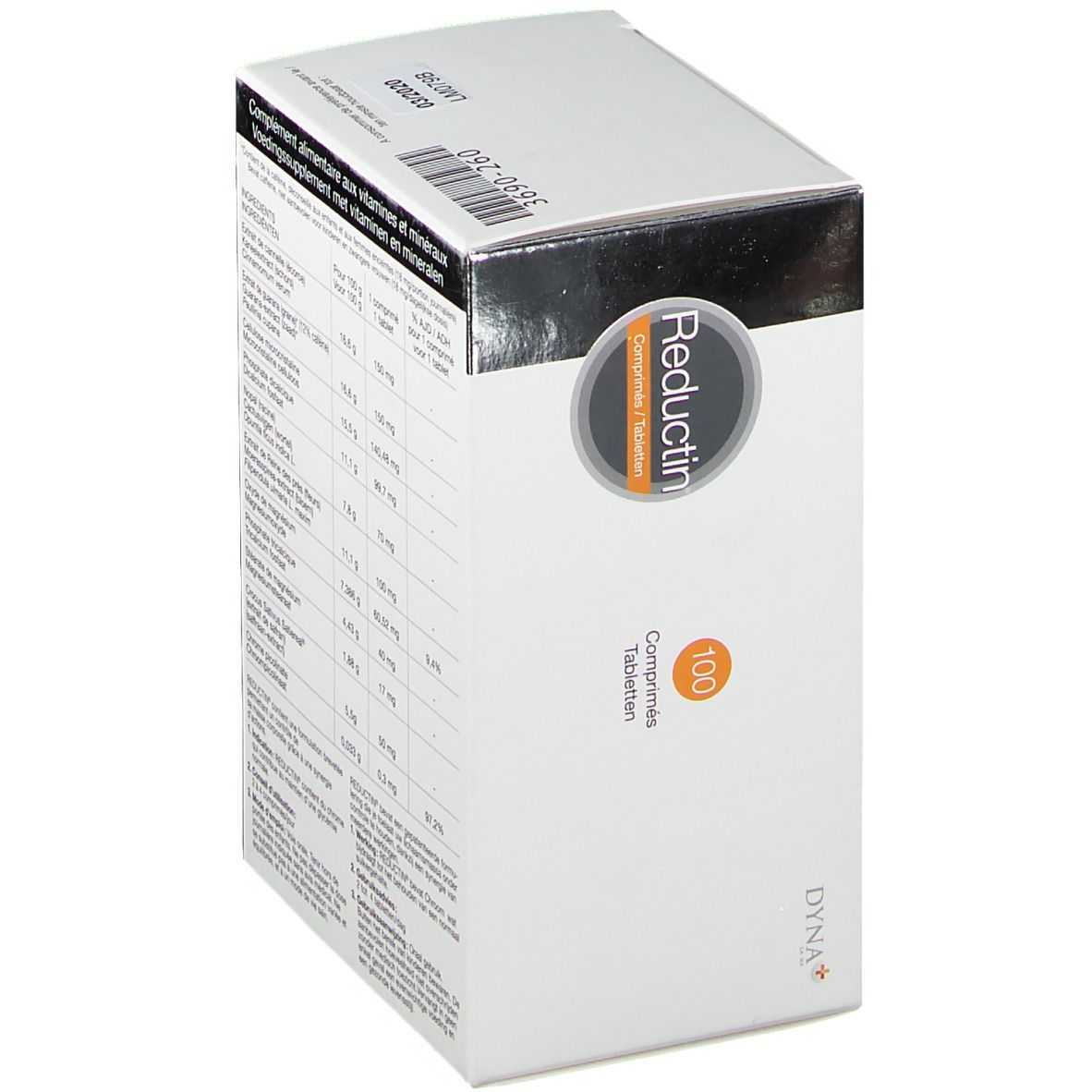 Boîte blanche "Reductin" avec 100 comprimés. Dos avec ingrédients et informations nutritionnelles. Texte multilingue.