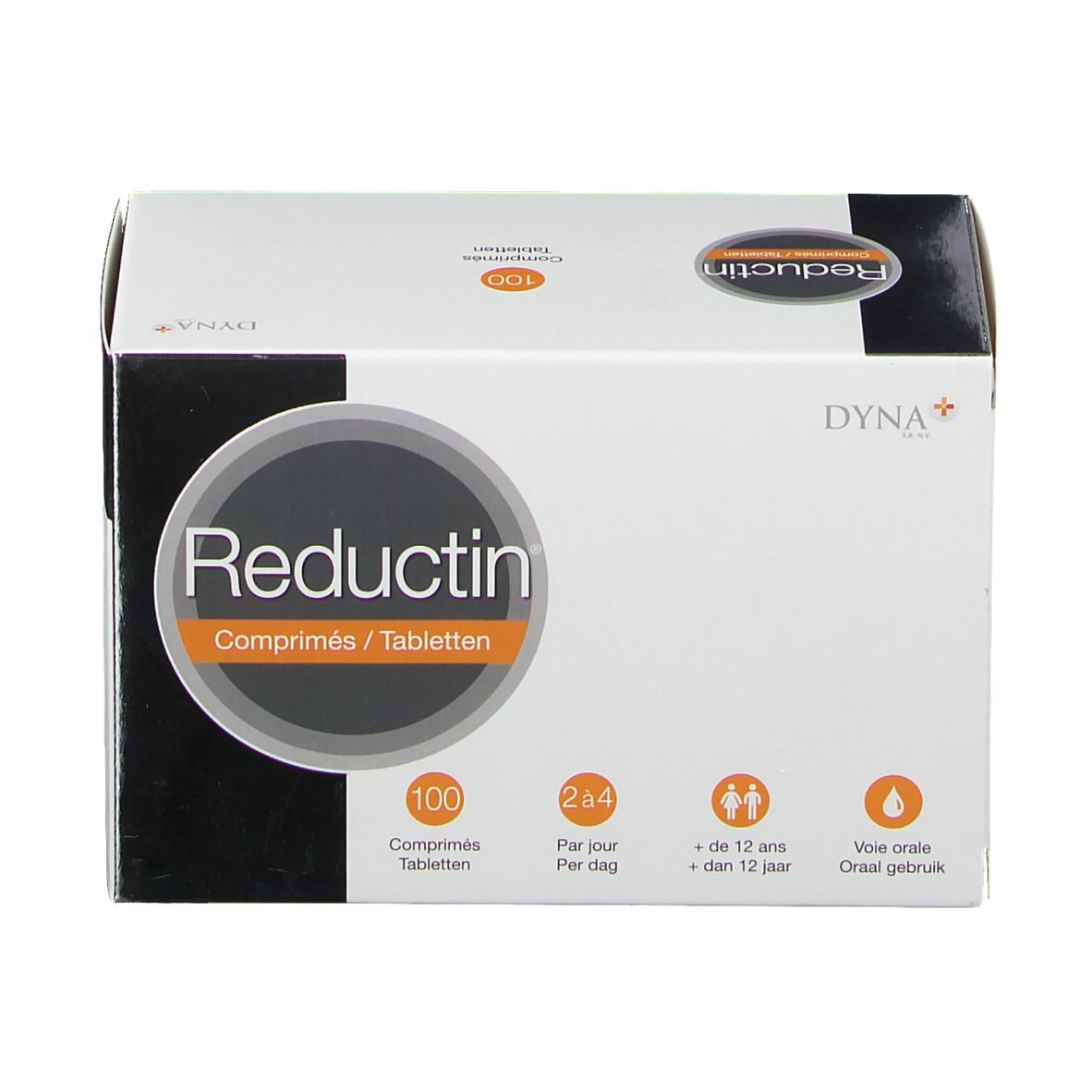 Boîte blanche "Reductin" avec 100 comprimés. Cercle orange avec nom du produit. Logos et texte multilingues.