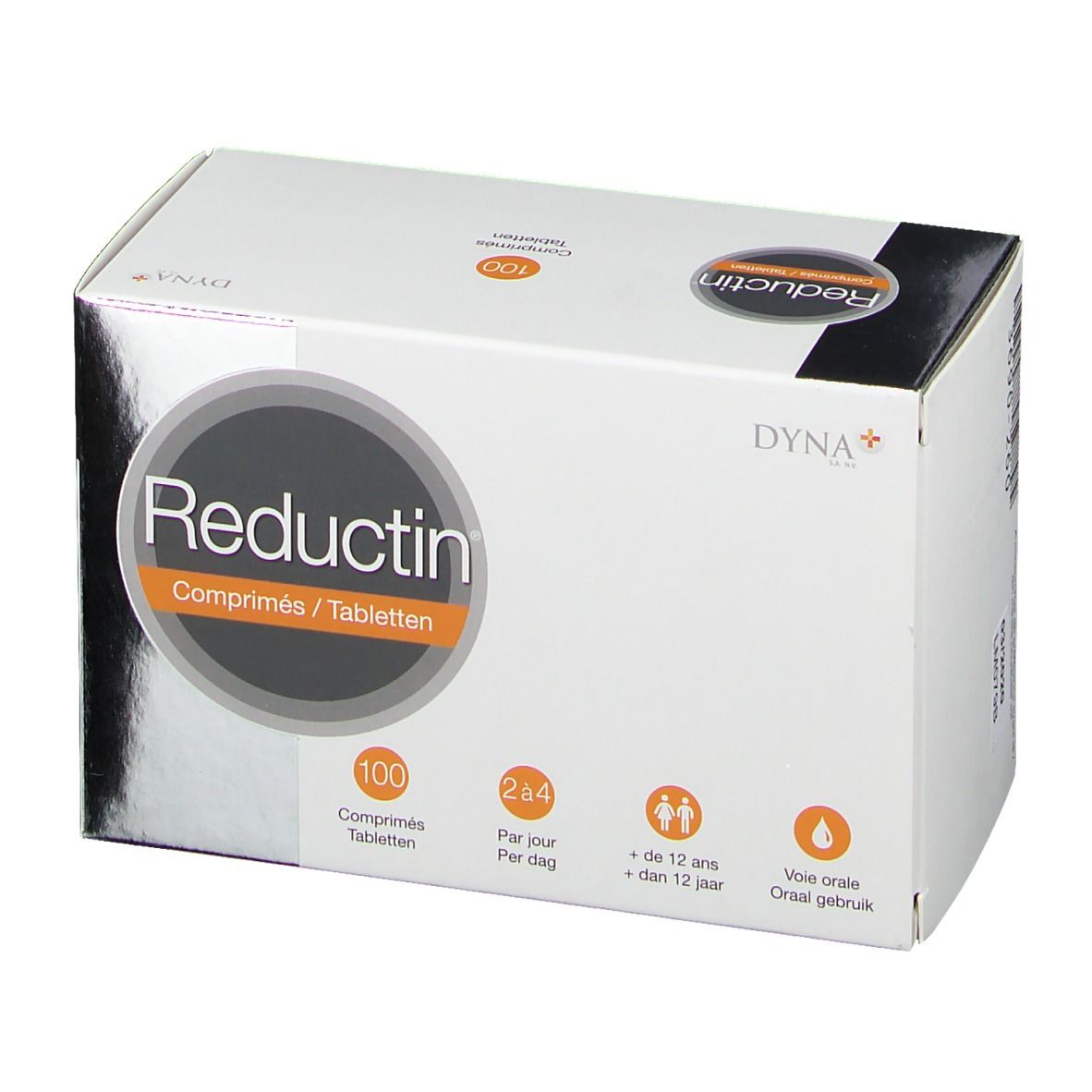 Boîte blanche "Reductin" avec 100 comprimés. Cercle orange avec nom du produit. Logos et texte multilingues.